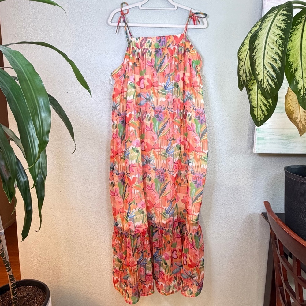 World Market Watercolor Floral Peach Multi Colored Flowy Boho Maxi Dress L XL